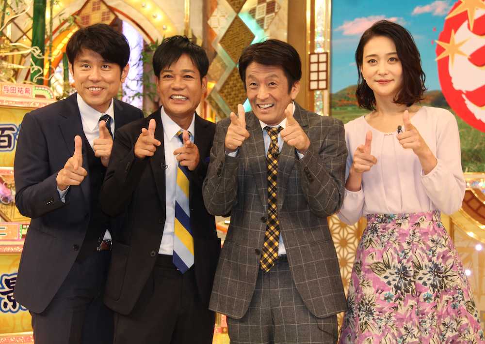 「ナニコレ珍百景」のＭＣを務める「ネプチューン」の（左から）原田泰造、名倉潤、堀内健と森葉子アナウンサー
