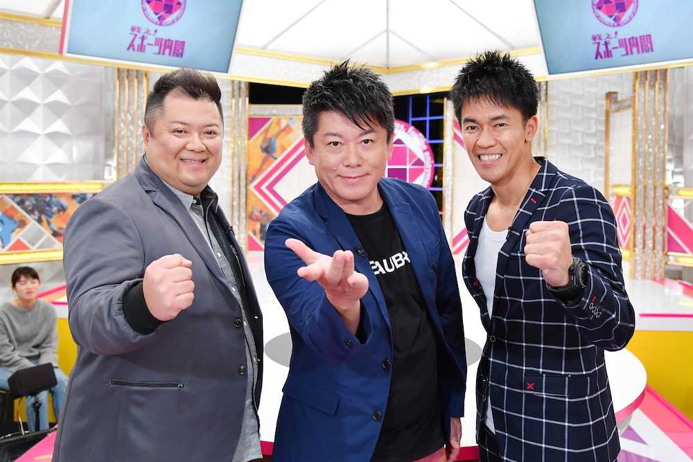 ＭＢＳテレビ「戦え！スポーツ内閣」に出演した（左から）小杉竜一、堀江貴文氏、武井壮