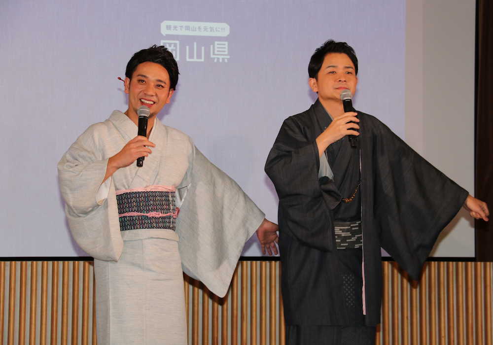 「岡山県魅力発信プロジェクト」ＰＲイベントに登壇した「千鳥」の大悟（左）とノブ
