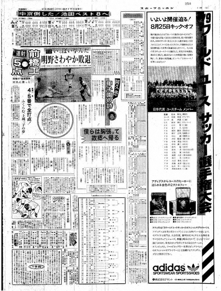阿久悠さんの「甲子園の詩　最高試合」が掲載された1979年8月17日付の紙面