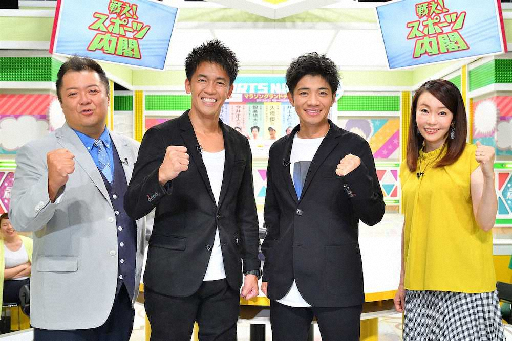 MBSテレビ「戦え！スポーツ内閣」に出演の（左から）小杉竜一、武井壮、和田正人、千葉真子