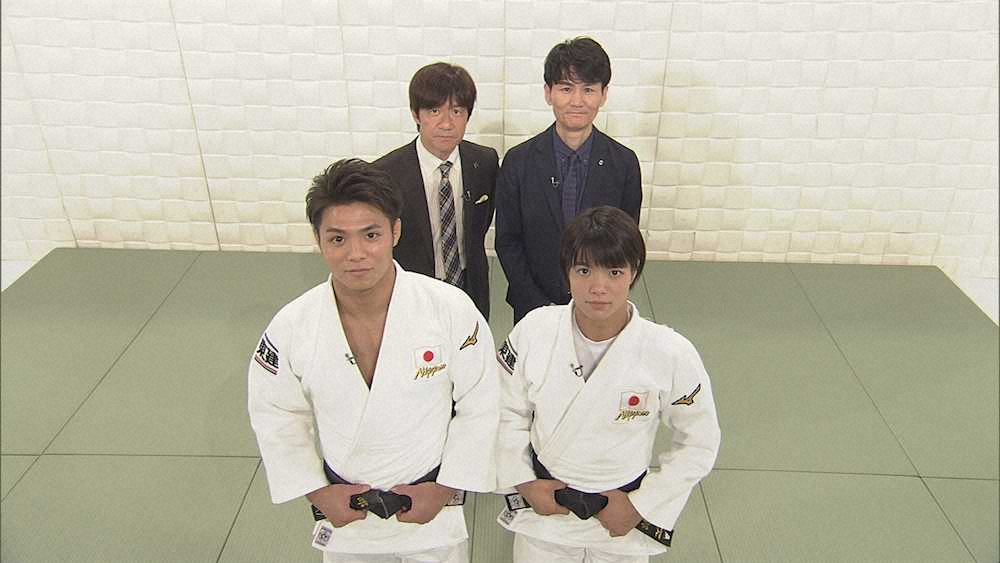 「NHKスペシャル　TOKYOアスリート」で共演したウッチャンナンチャンと阿部一二三（前列左）阿部詩