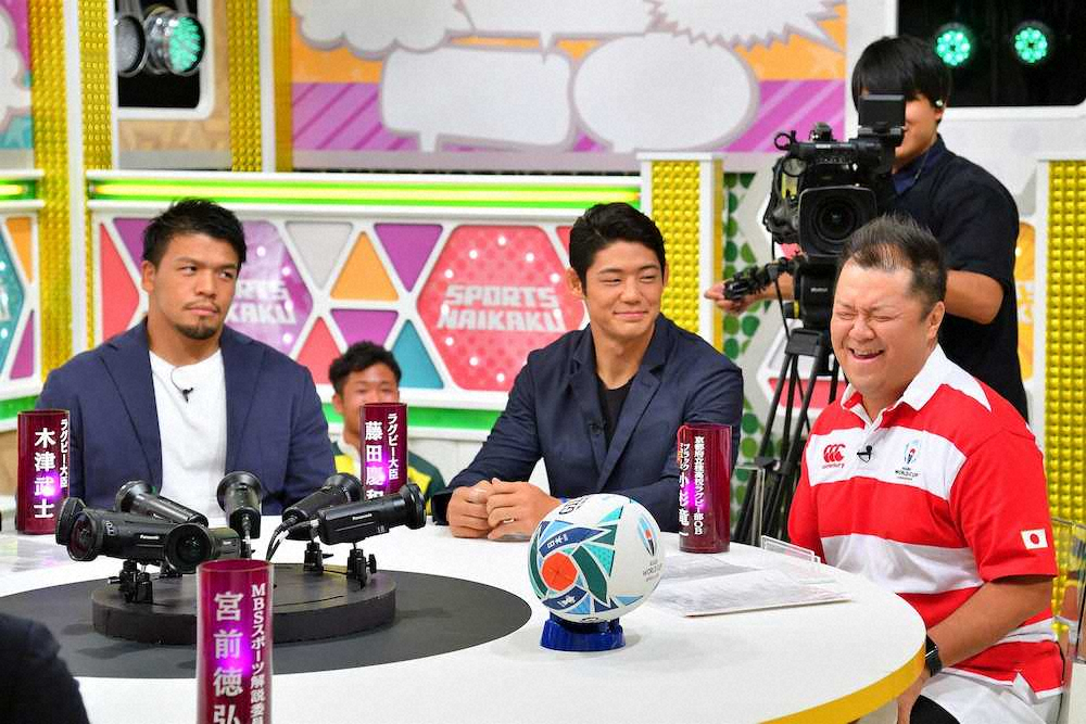 MBSテレビ「戦え！スポーツ内閣」に出演の（左から）木津武士、藤田憲和、小杉竜一