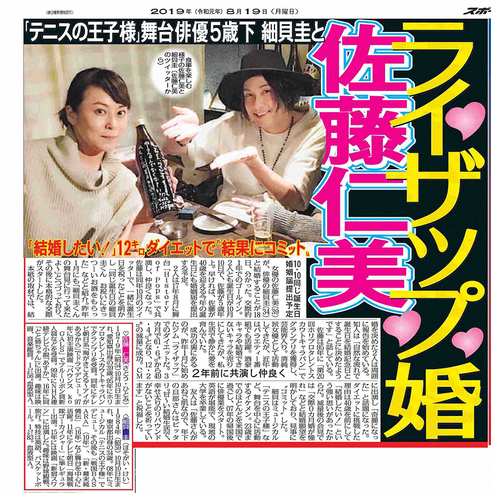 佐藤仁美と細貝圭の結婚を報じる8月19日付スポニチ本紙 スポニチ Sponichi Annex 芸能