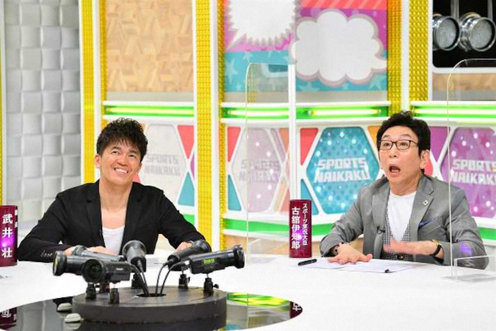 MBSテレビ「戦え！スポーツ内閣」に出演の古舘伊知郎（右）と武井壮