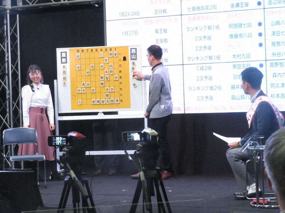 ネット将棋番組「WONDER将棋」に出演した（左から）武富礼衣女流初段、畠山鎮八段、森本尚太アナウンサー