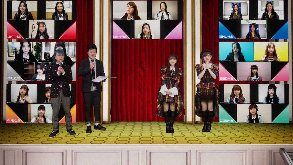 海外7グループの代表者とオンライン会見に臨んだAKB48の向井地美音（右から2人目）と岡田奈々（右）