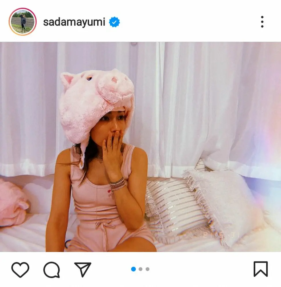 【画像・写真】佐田真由美　豚の被り物＆ショーパン部屋着のピンクコーデに「何回も見ちゃう」「めっかわ」の声