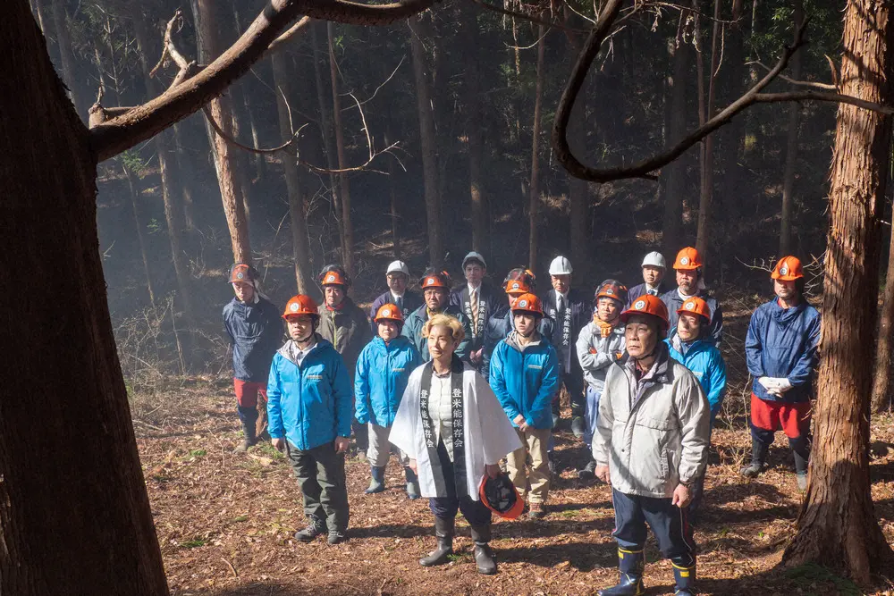 連続テレビ小説「おかえりモネ」第42話。ヒバ伐採に臨む森林組合員たち（C）NHK