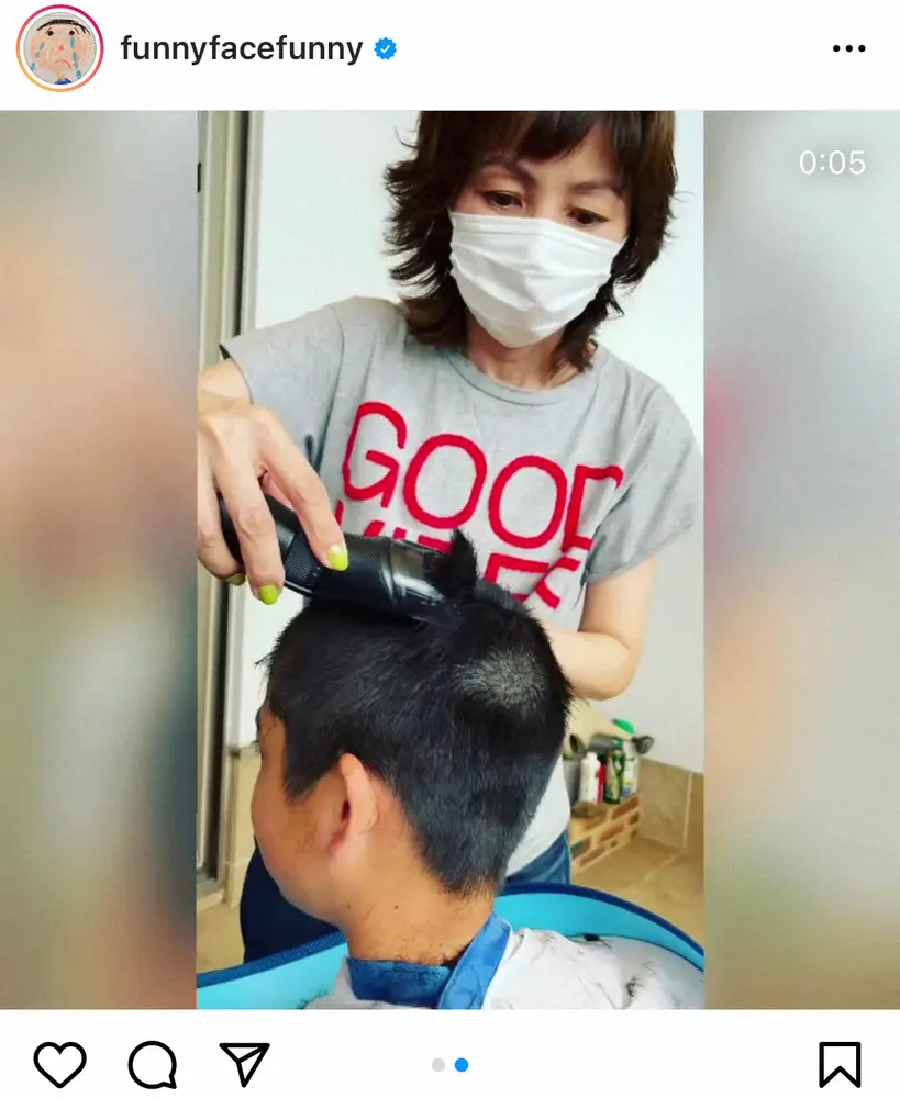 【画像・写真】渡辺満里奈　野球少年の長男をバリカンで丸刈りに　ファン「斜め後ろからの姿が名倉さん！」