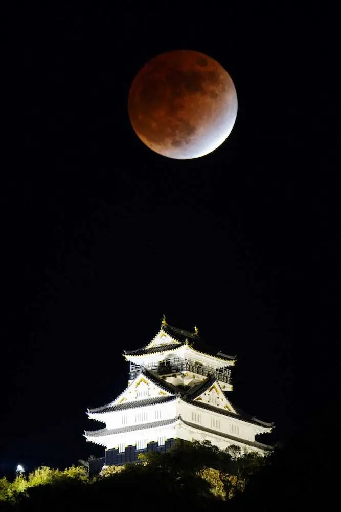 19日午後6時2分、岐阜城の上に輝く赤銅色の月。月のほとんどが地球の影に入る部分月食となった