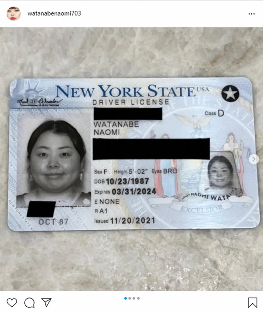 【画像・写真】渡辺直美　NYで運転免許取得「無事一発で合格」　免許証写真に苦笑「写真がなんとも言えない感じで絶望」