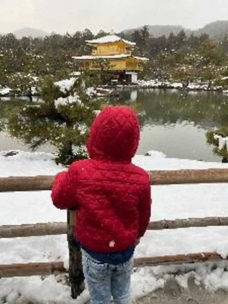 雪をまとった金閣寺を眺める息子
