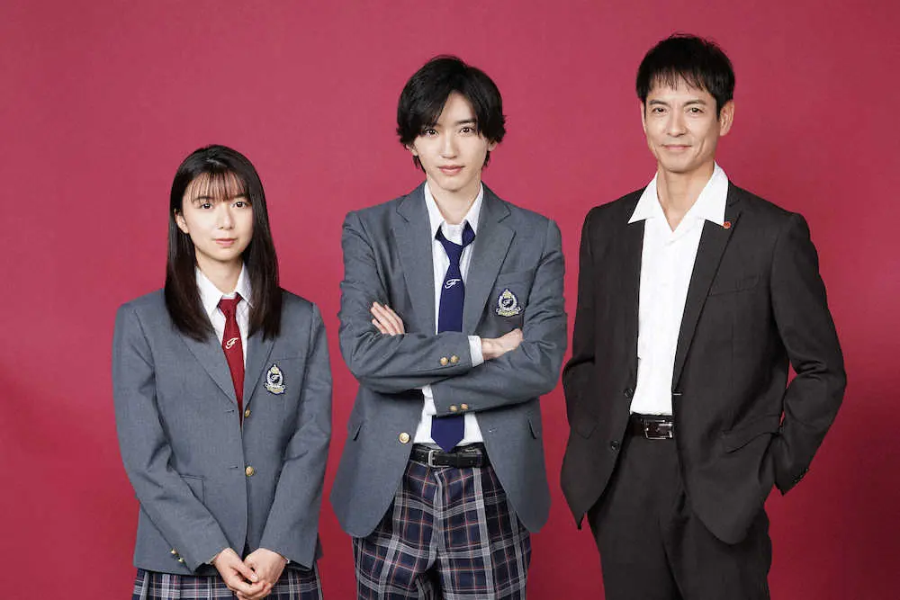 日本テレビドラマ「金田一少年の事件簿」に出演する（左から）上白石萌歌、道枝駿佑、沢村一樹