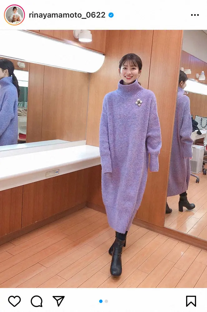 【画像・写真】山本里菜アナ　ラベンダー色のゆったりニットワンピ姿に「めっちゃおしゃれ」「萌え袖」「好感度アップ」