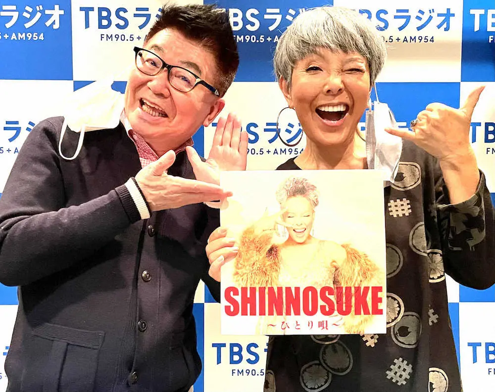 ニューアルバム「SHINNOSUKE～ひとり唄～」のジャケット写真を手にする池畑慎之介（右）と生島ヒロシ