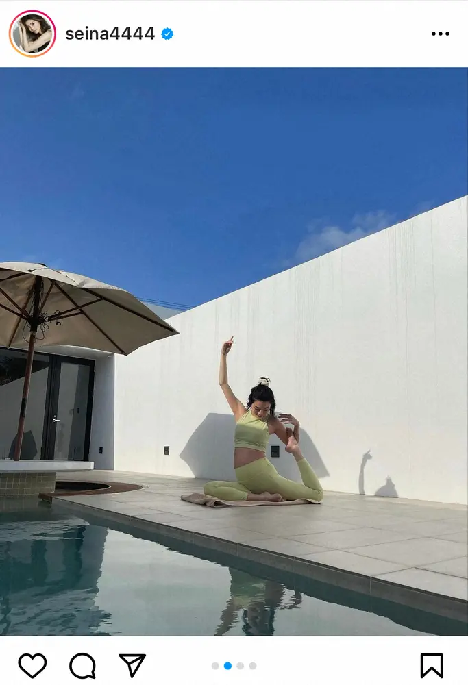 【画像・写真】第1子妊娠中の島袋聖南　トレーニングウエア姿の柔軟ショット披露に「気持ち良さそう」「美しい妊婦さん」