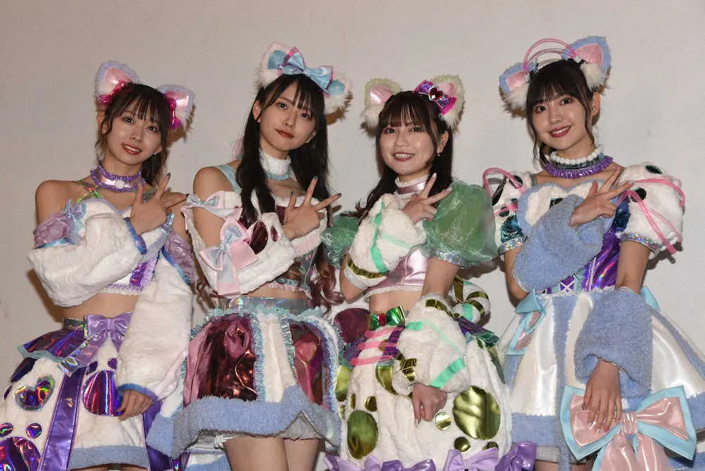 アイドルグループ「わーすた」結成7周年記念ライブに登場した（左から）松田美里、三品瑠香、廣川奈々聖、小玉梨々華