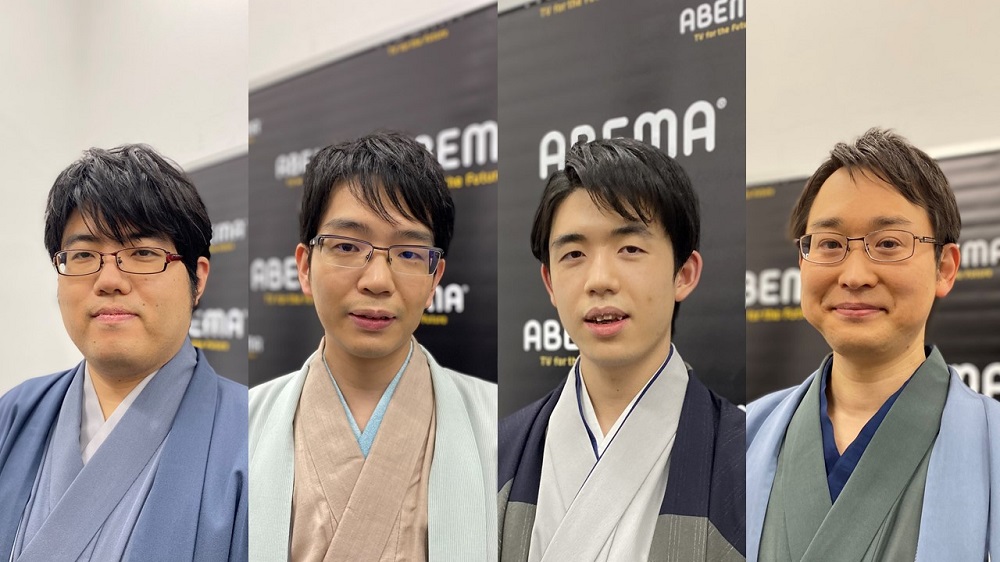 第5回ABEMAトーナメントでリーダーを務める（左から）糸谷八段、豊島九段、藤井王将、山崎八段