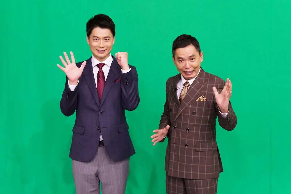 TBS系特番「太田×石井のブームを生んだアノ人に新作つくってもらいました」に出演する石井亮次アナウンサー（左）と爆笑問題・太田光