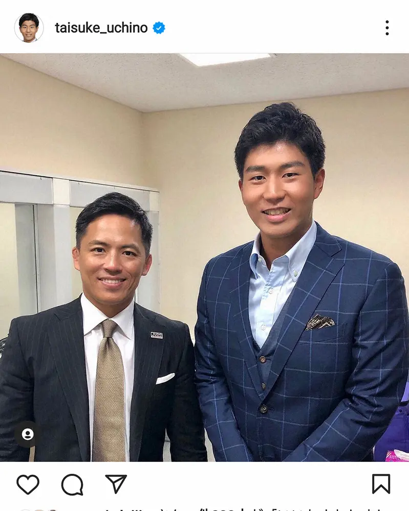 2019年8月、世界柔道選手権の中継で解説を務めた野村忠宏さんと。内野泰輔インスタグラム（@taisuke_uchino）から