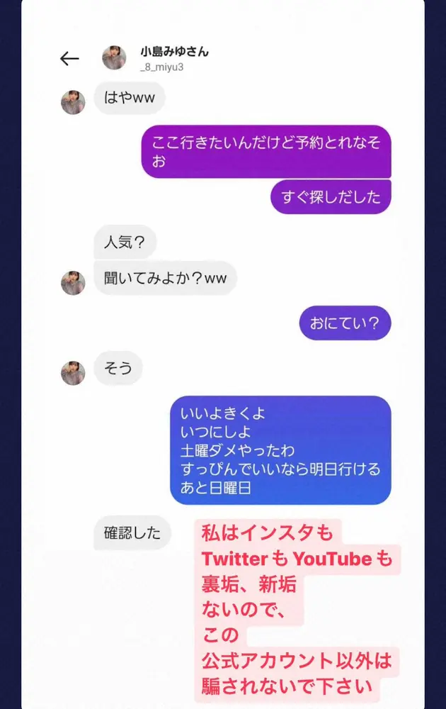 【画像・写真】小島みゆ　なりすましアカが友人と食事の約束「怖すぎるので助けてください」　DMでのやり取りも公開