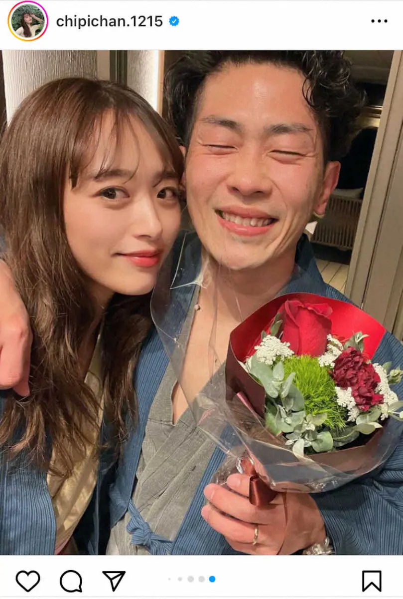 【画像・写真】近藤千尋　夫・ジャンポケ太田の誕生日にラブラブ2ショットでお祝い　「次は私のお誕生日。。ひひひひひ」