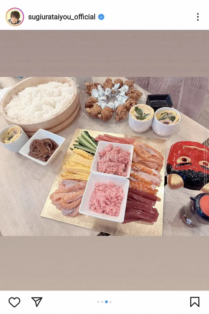 【画像・写真】杉浦太陽「妻の手作り鬼セット」赤鬼姿で辻希美と夫婦ショット　「手巻き恵方巻き」節分の食卓も披露