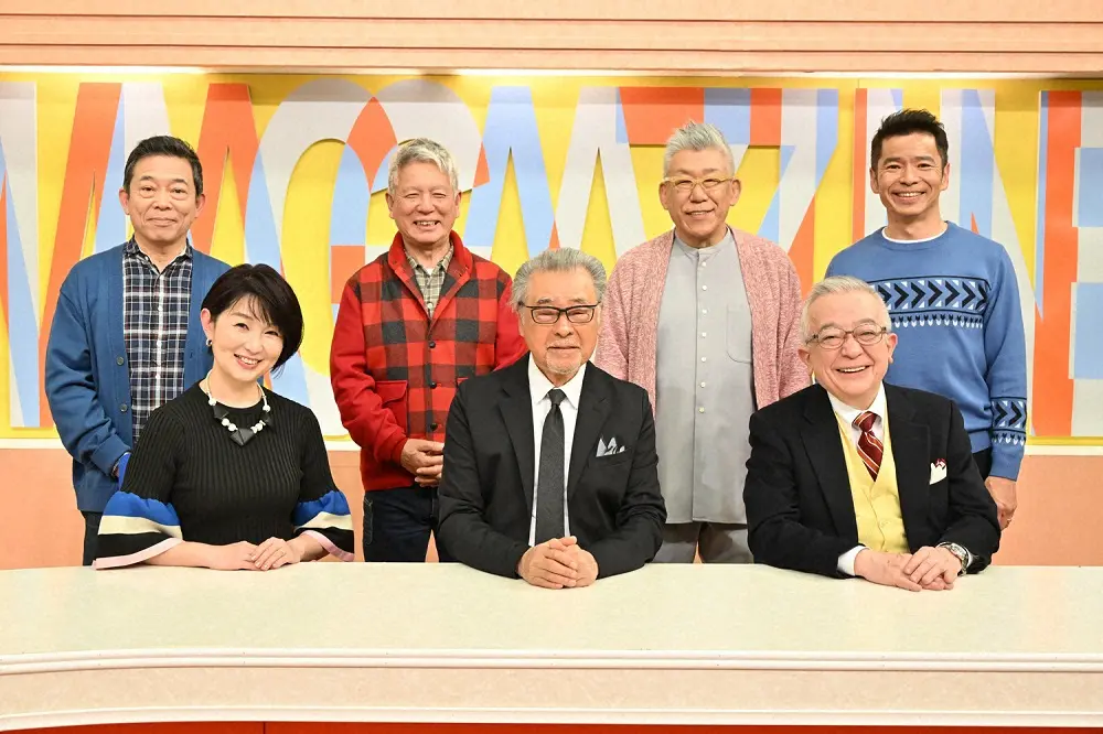 「噂の！東京マガジン」のレギュラー陣。（前列左から）小島奈津子、森本毅郎、井崎脩五郎（後列左から）山口良一、清水国明、笑福亭笑瓶さん、深沢邦之（C）BS―TBS
