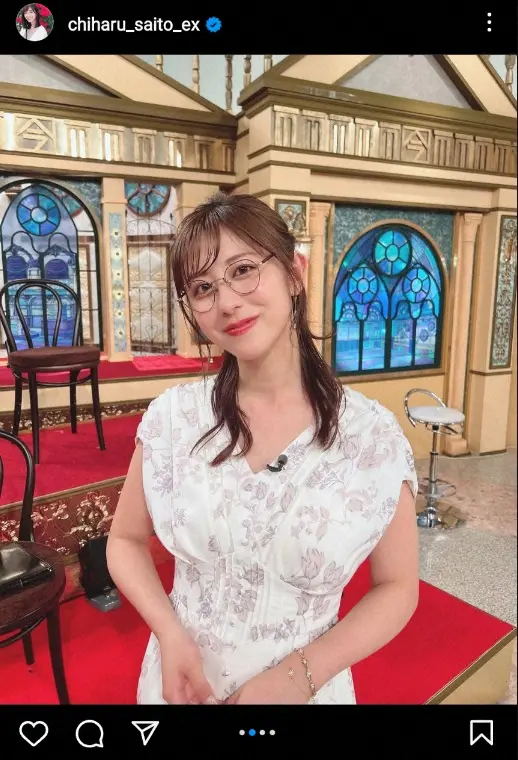 【画像・写真】斎藤ちはるアナ　淡いピンク模様の白ワンピ姿公開に「白系の衣装が似合う」「かわいいワンピ」「素敵」