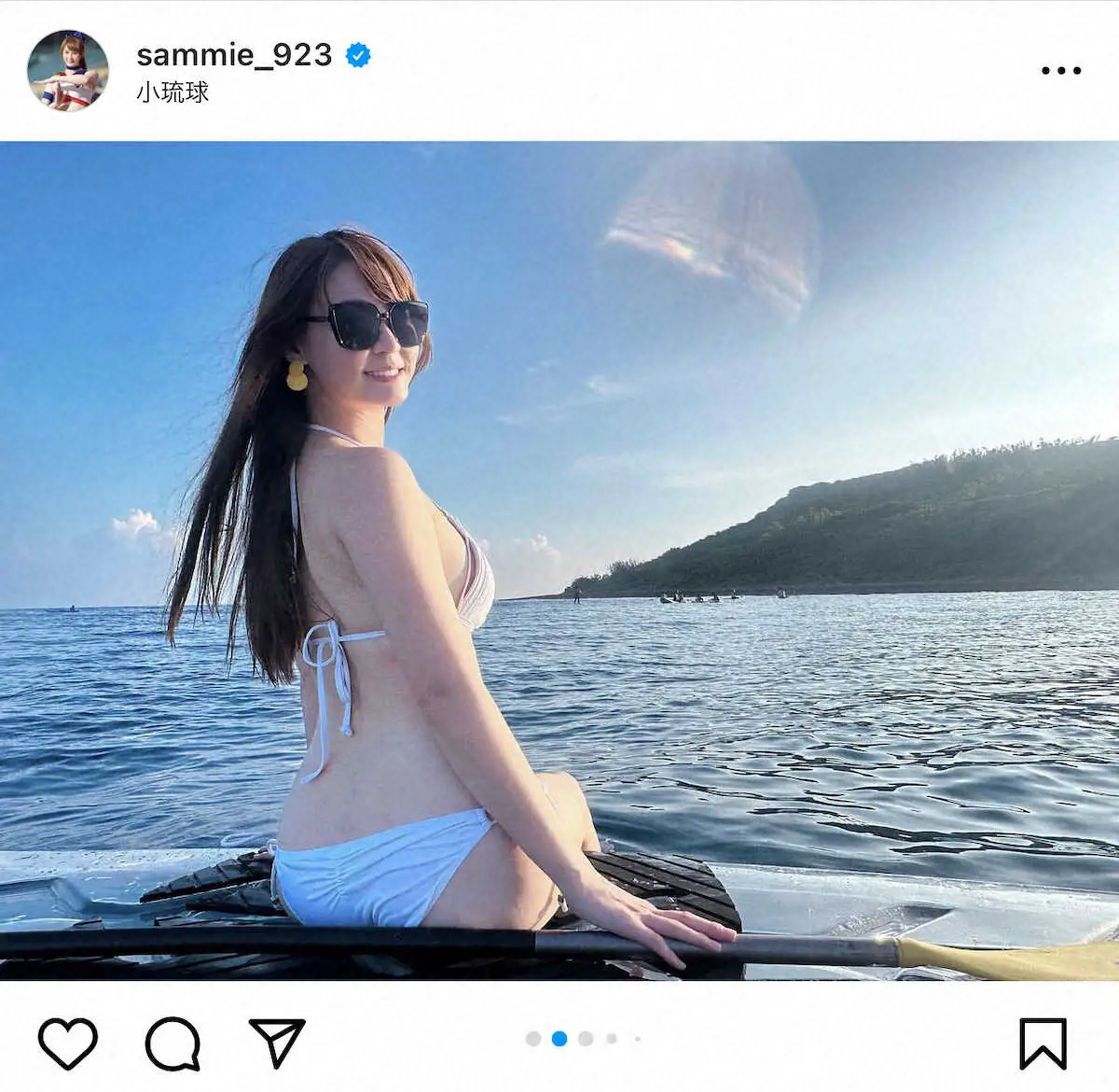 【画像・写真】サミーの公式インスタグラムから（＠sammie＿923）。青空の下でSUPを楽しむサミー