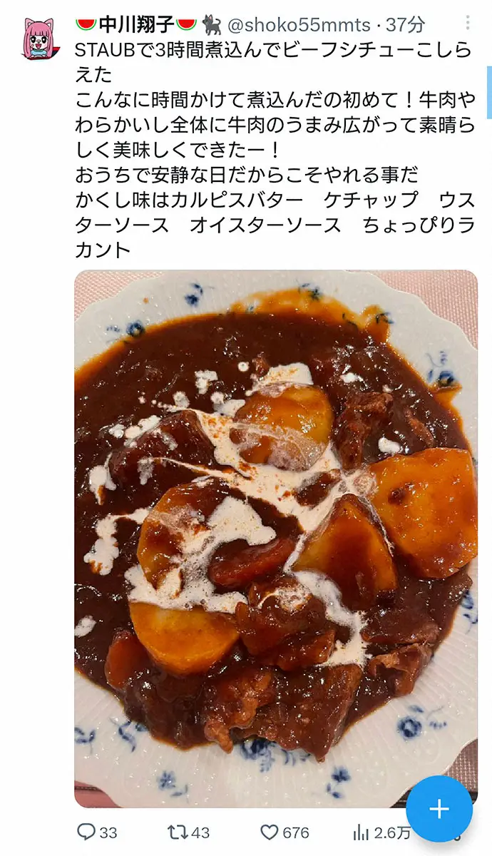 【画像・写真】新婚さんの中川翔子　夕食は3時間煮込んだビーフシチュー＆サラダ「素晴らしく美味しくできたー！」