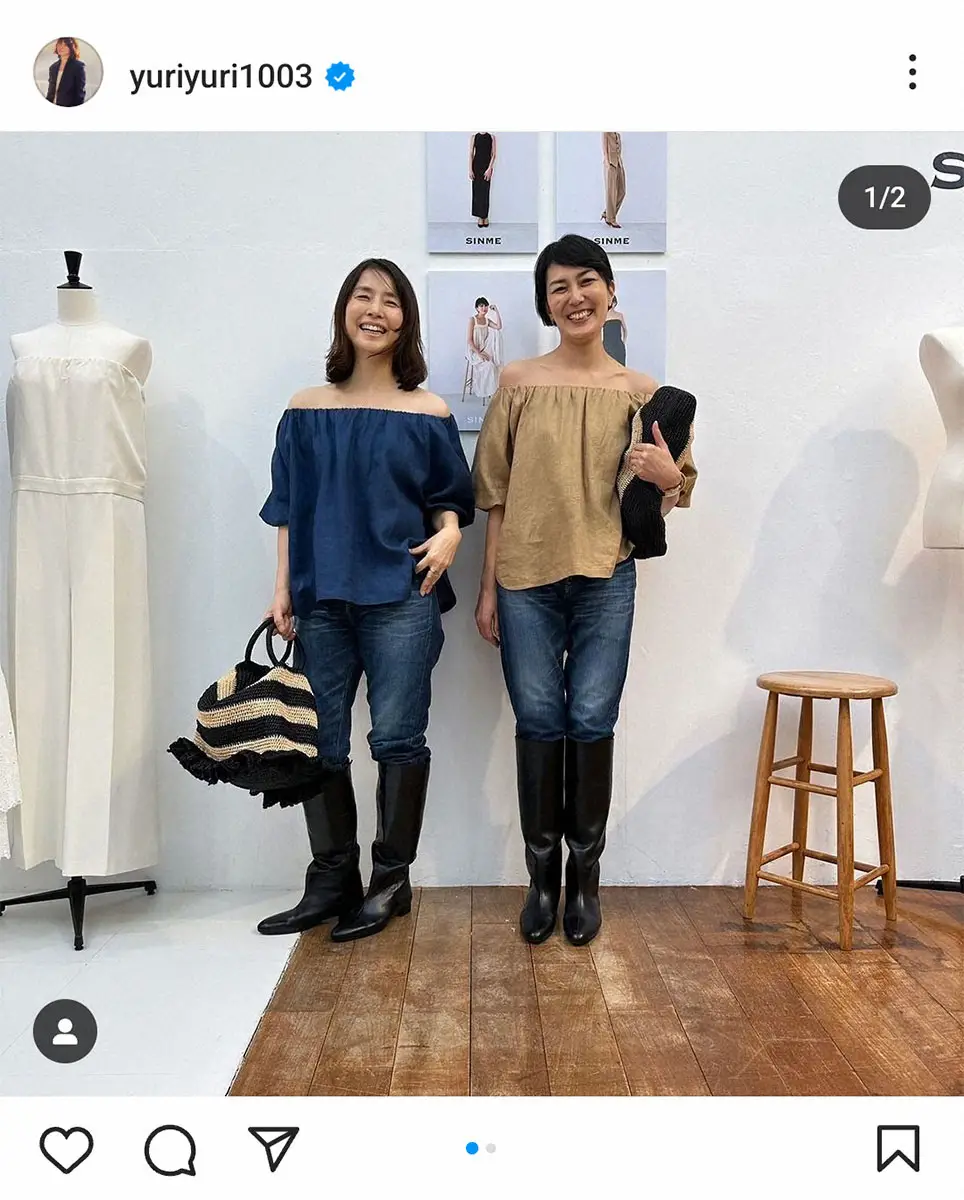 【画像・写真】石田ゆり子　親友女優ブランドの展示会で2ショット披露　「勇気がいる」オフショルダー姿も