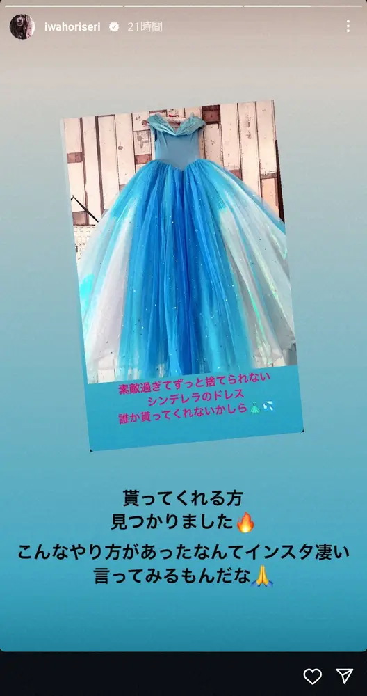 【画像・写真】岩堀せり「素敵すぎて捨てられないシンデレラのドレス」SNSでの“ご縁”に感心「言ってみるもんだな」