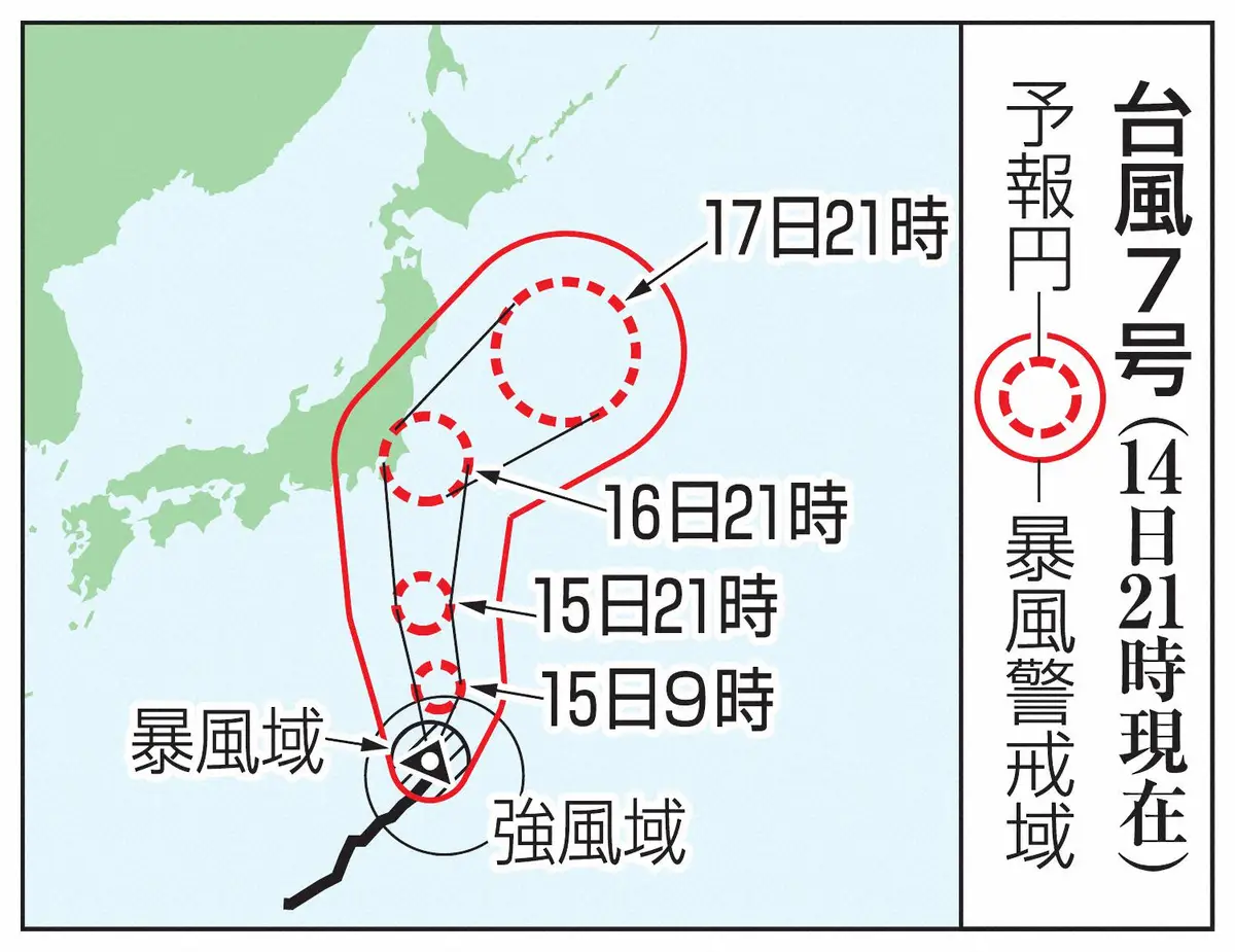 【画像・写真】台風7号の予想進路（14日21時現在）