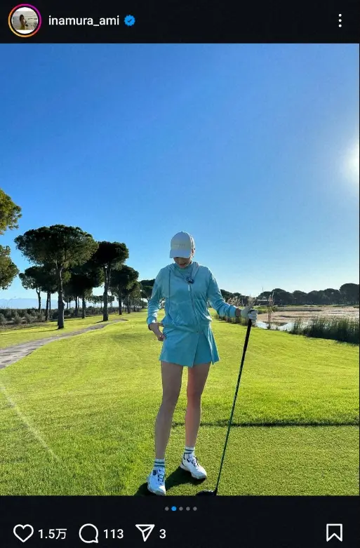 【画像・写真】稲村亜美　水色ミニスカ・コーデのゴルフ姿披露に「スタイル超サイコー」「脚たまらん」「脚なが～い」