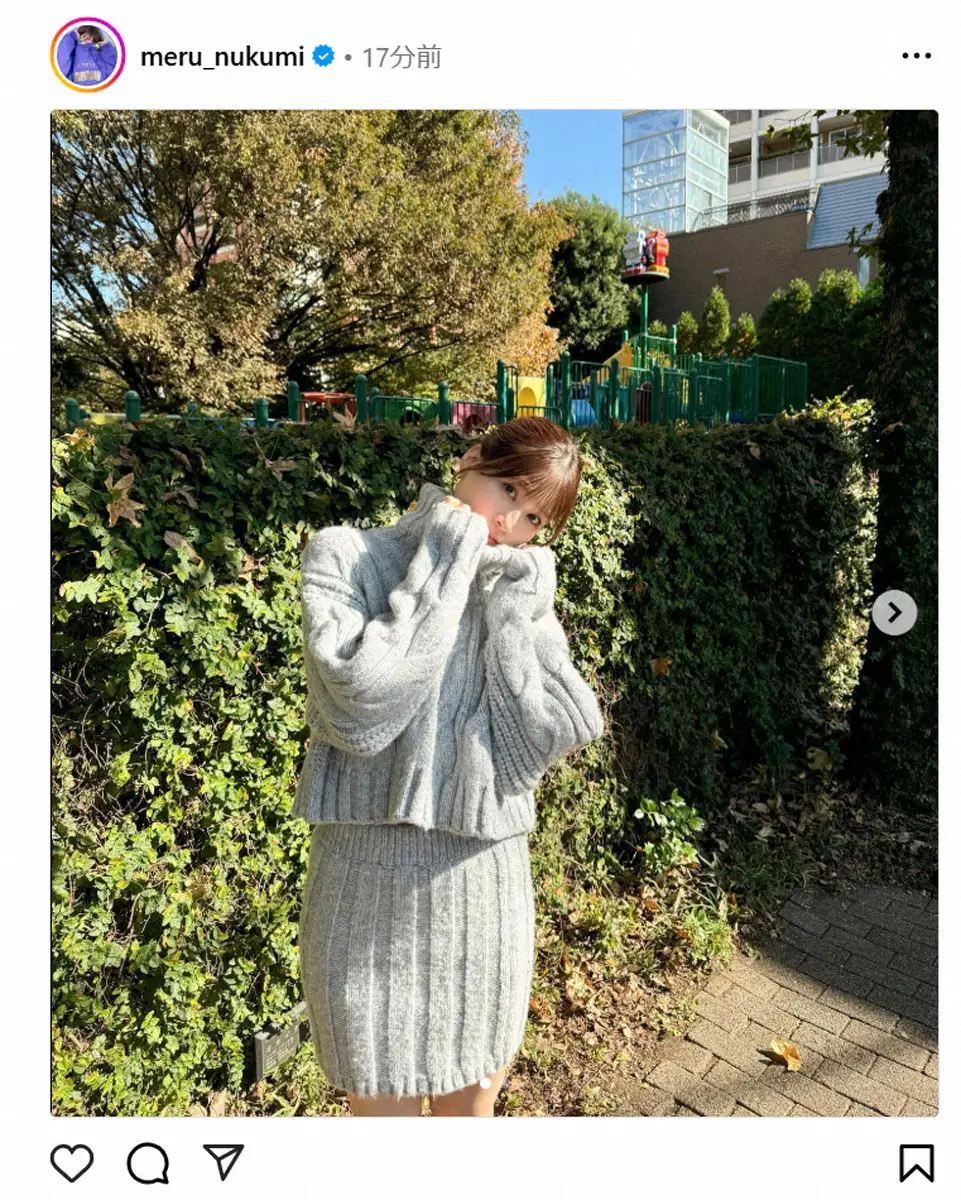 【画像・写真】めるる　ニットのセットアップコーデで“あざとい”ポーズ披露、ファンため息「かわいい」「似合う」