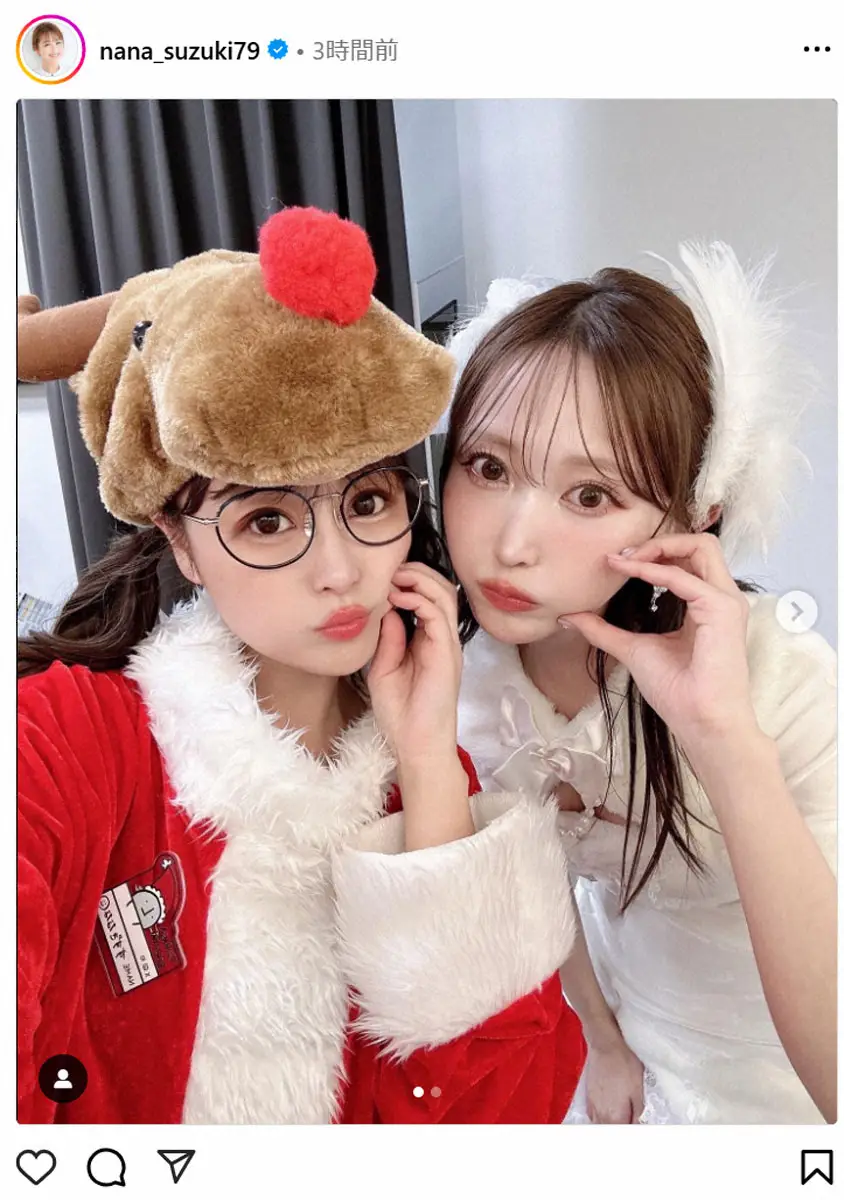 【画像・写真】鈴木奈々　サンタコスで元ポップティーンモデルと2Sにファン歓喜「2人ともかわいい」「美女2人」