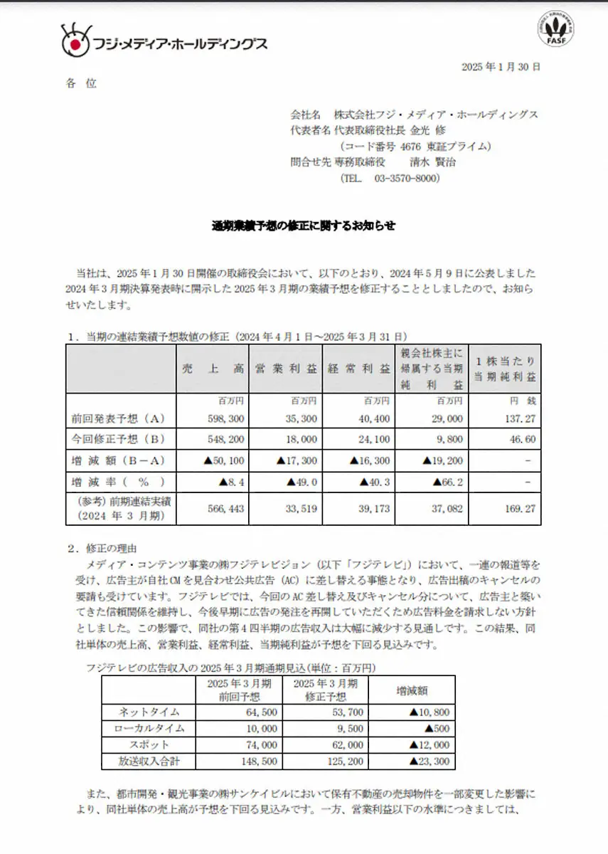 【画像・写真】フジ清水社長　業績の大幅な下方修正「極めて深刻に受け止めております」取締役会に日枝久相談役も出席