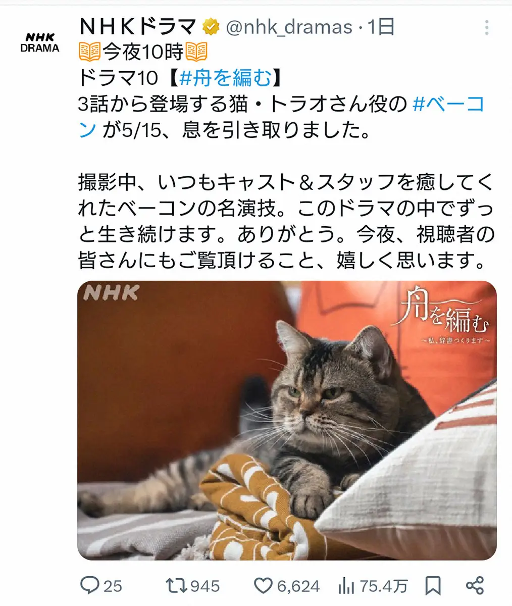 【画像・写真】“天才猫”ベーコン君　5月に他界していた…10歳　現在放送中の「舟を編む」にも出演