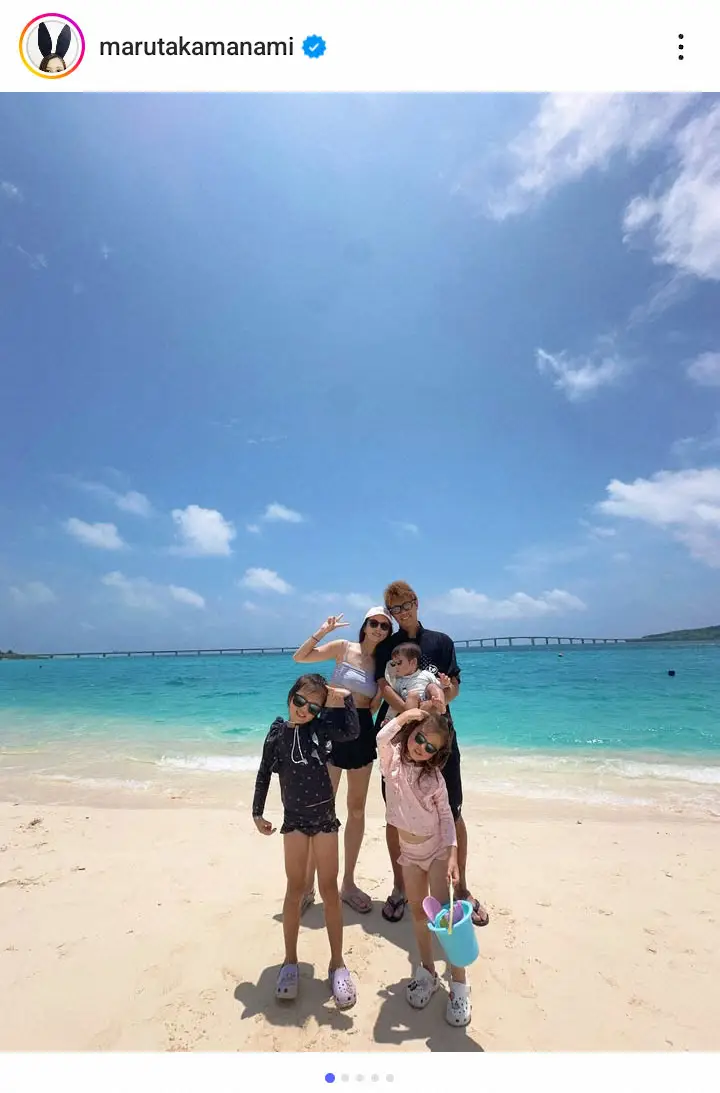 【画像・写真】丸高愛実　宮古島家族旅行で美脚ショット公開　「娘ちゃんたちも脚長～い」「柿谷ファミリー素敵」の声