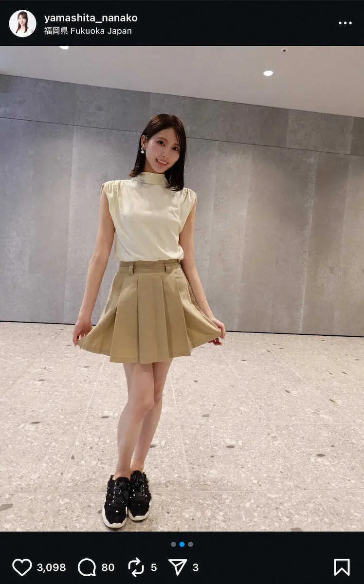 【画像・写真】福岡の美人タレント　袖なしトップス＆“美脚”ミニスカコーデ！「可愛すぎ」「スタイル抜群」の声