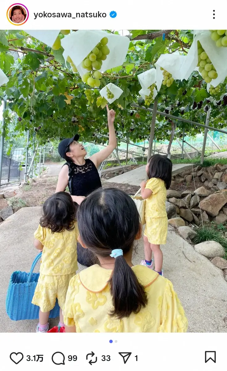【画像・写真】横澤夏子の“飾らない姿”が話題！　愛娘3人とフルーツ狩りへ…桃頬張るも「険しいwww」「表情がツボ」