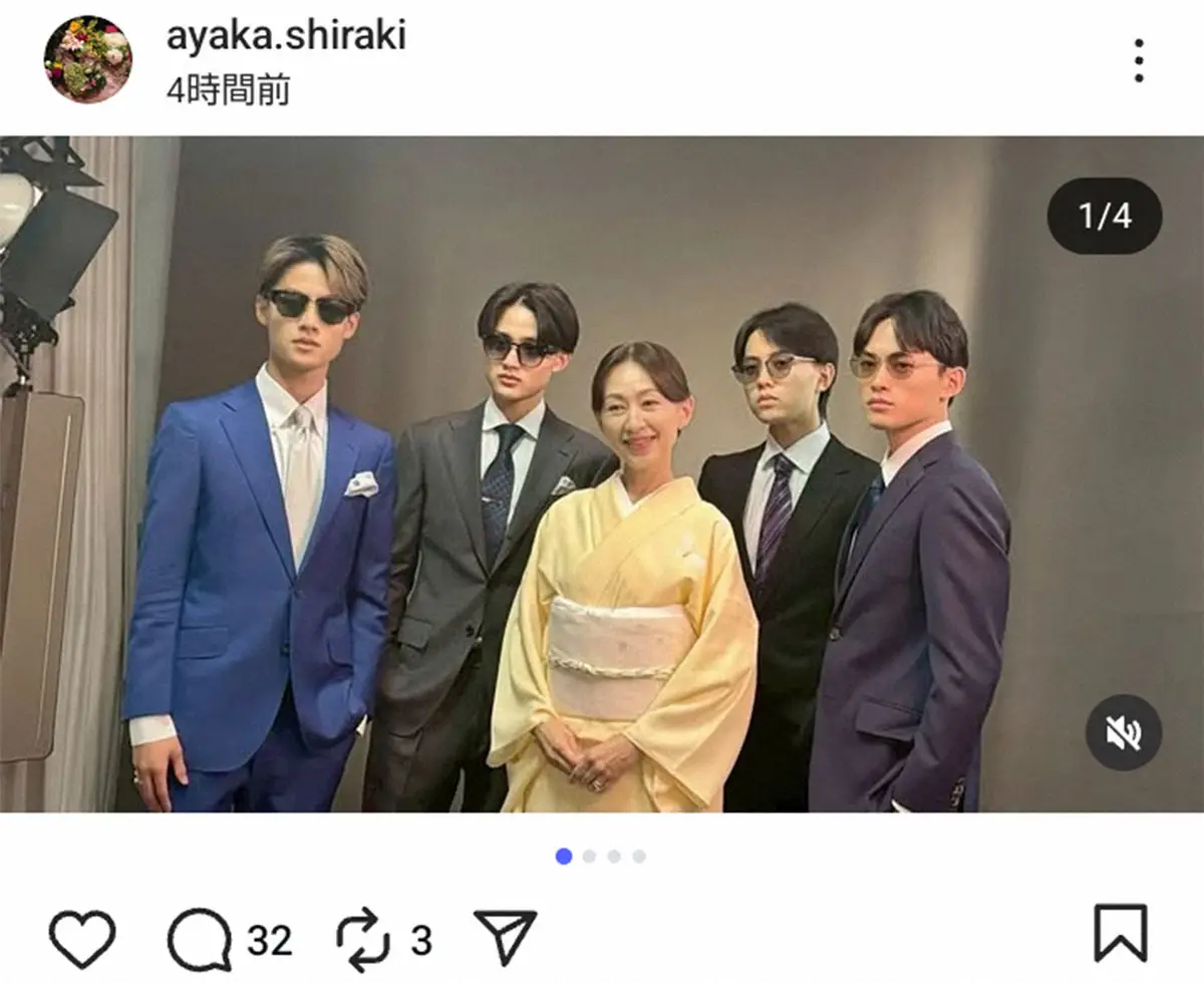 【画像・写真】白城あやか「恒例」家族写真撮影報告　夫の中山秀征＆4人息子たちの姿に「カッコいい」の声