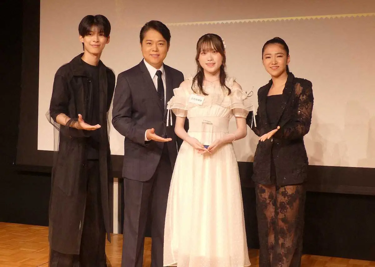 【画像・写真】日本クラウンの新人歌手オーディションに輝いた生田瑚桃さん（左から3人目）と同社所属の（左から）原田波人、三山ひろし、田中あいみ