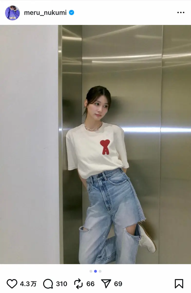 【画像・写真】めるる　シンプル白T＆デニムコーデに「可愛い」の声続出！　目線外す姿にファン「こっち向いて～」