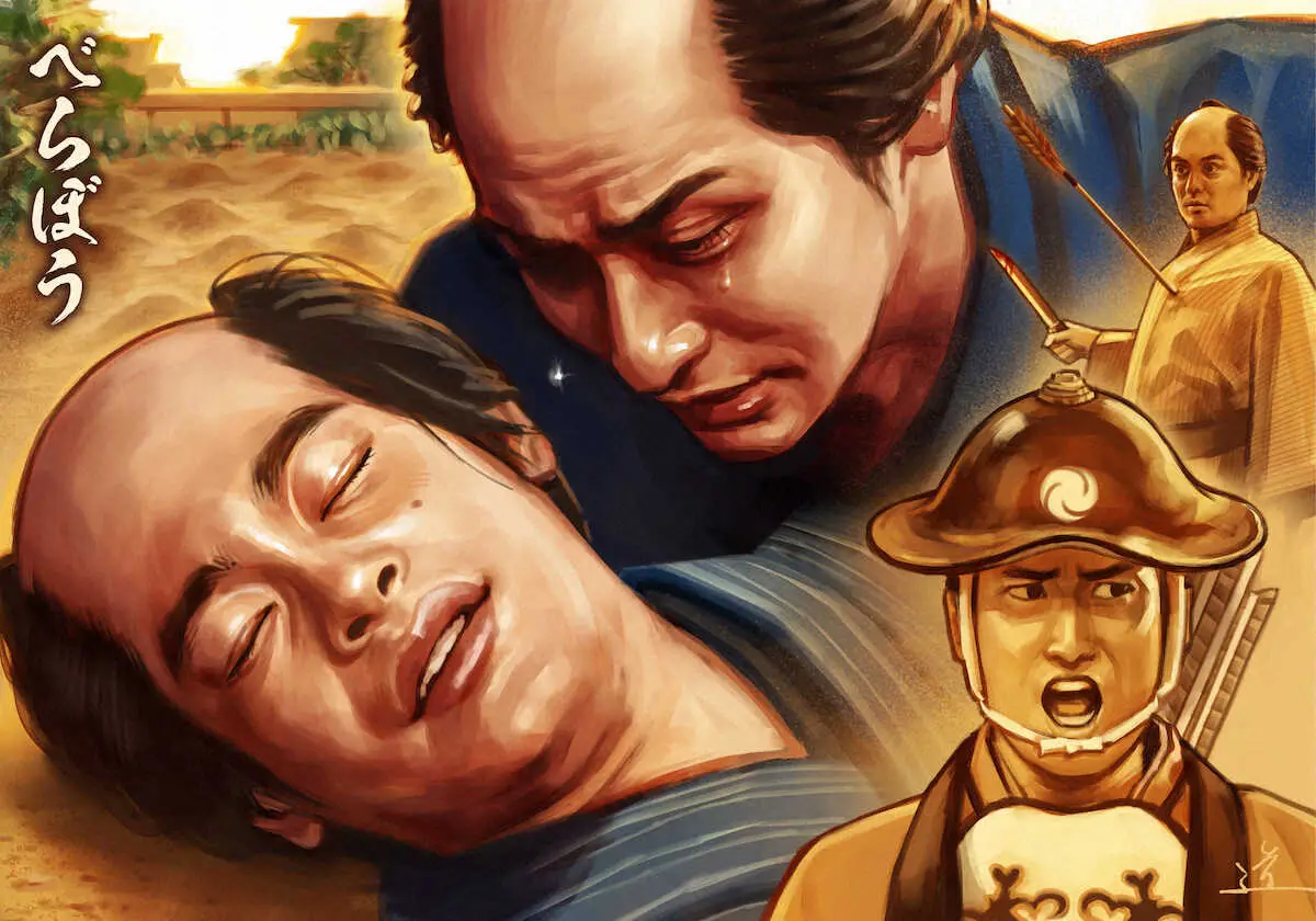 【画像・写真】イラストレーターの石井道子氏が描いたNHK大河ドラマ「べらぼう」大河絵第33話　慟哭の蔦重に抱かれ…新之助の人生に悔いなし　煽り男は…　