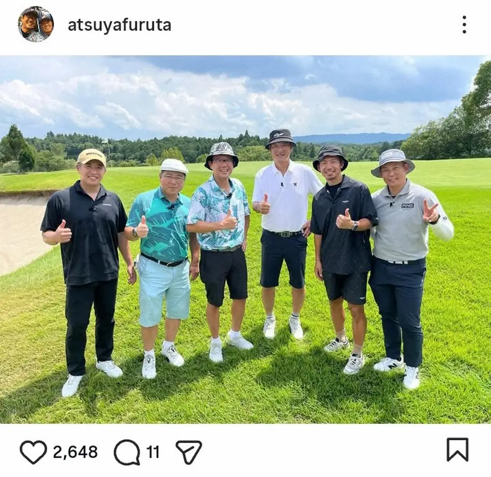 【画像・写真】古田敦也氏「タイガースOB対スワローズOB」豪華メンバーのゴルフ満喫集合ショット「みなさんお元気で」