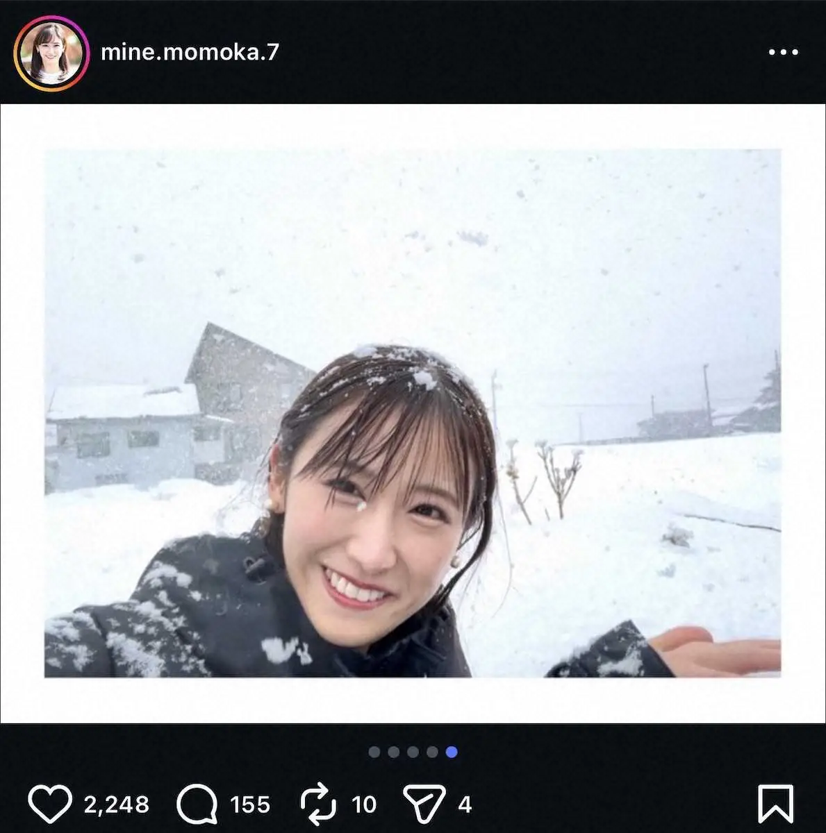 【画像・写真】テレ東・嶺百花アナ「まっしろ銀世界」　雪景色での笑顔Sにネット反響！「美人」「雪ではしゃぐ姿ステキ」