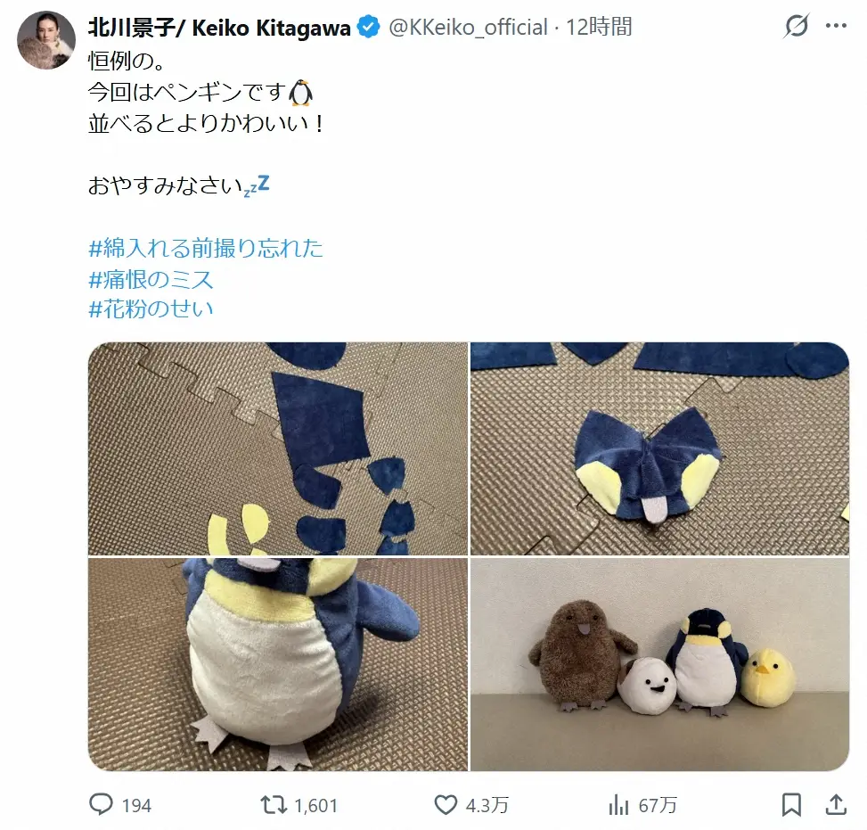【画像・写真】北川景子「今回はペンギン」子供のため手作りぬいぐるみ　いいね殺到「既製品レベル」と話題